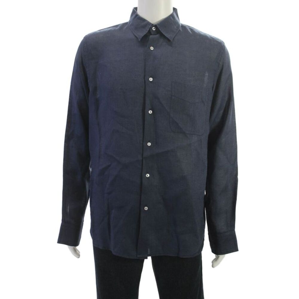 Europann Mens Linen Blue Button-Up Dress Shirt Long Sleeve Collared Size 3